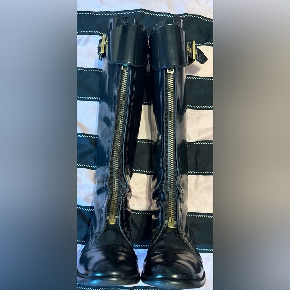 Tory Burch Black Patent Knee-High Zip Riding Boots with Gold Hardware